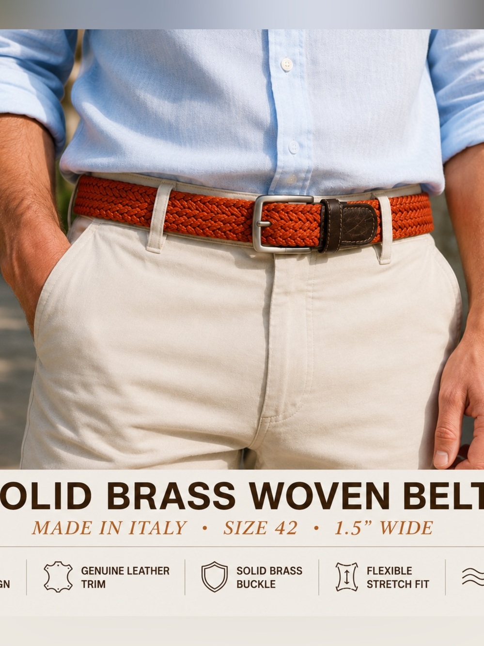 Men's Woven Rope Belt in Burnt Orange with Leather Trim